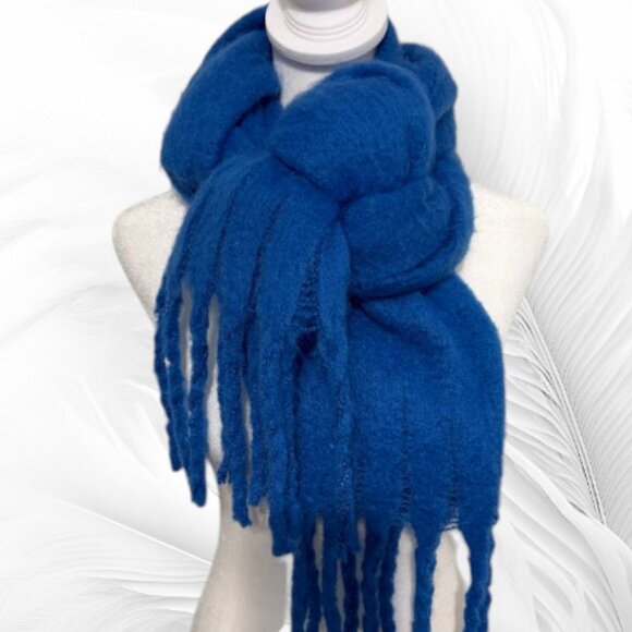 Soft Blue Oversized Winter Scarf With Fringe – Cozy Blanket Shawl Wrap - Picture 1 of 5